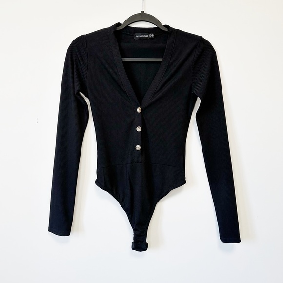 Black Long Sleeve Rib Button Detail Bodysuit - Picture 4 of 6
